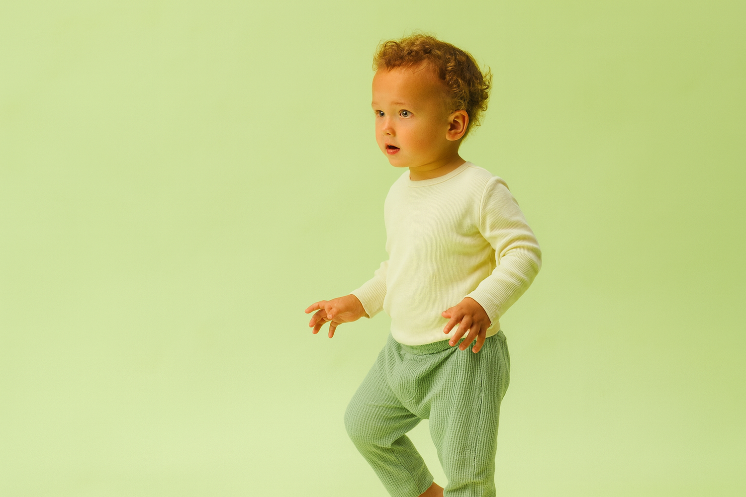 Child wearing a white shirt and green pants on a light green background